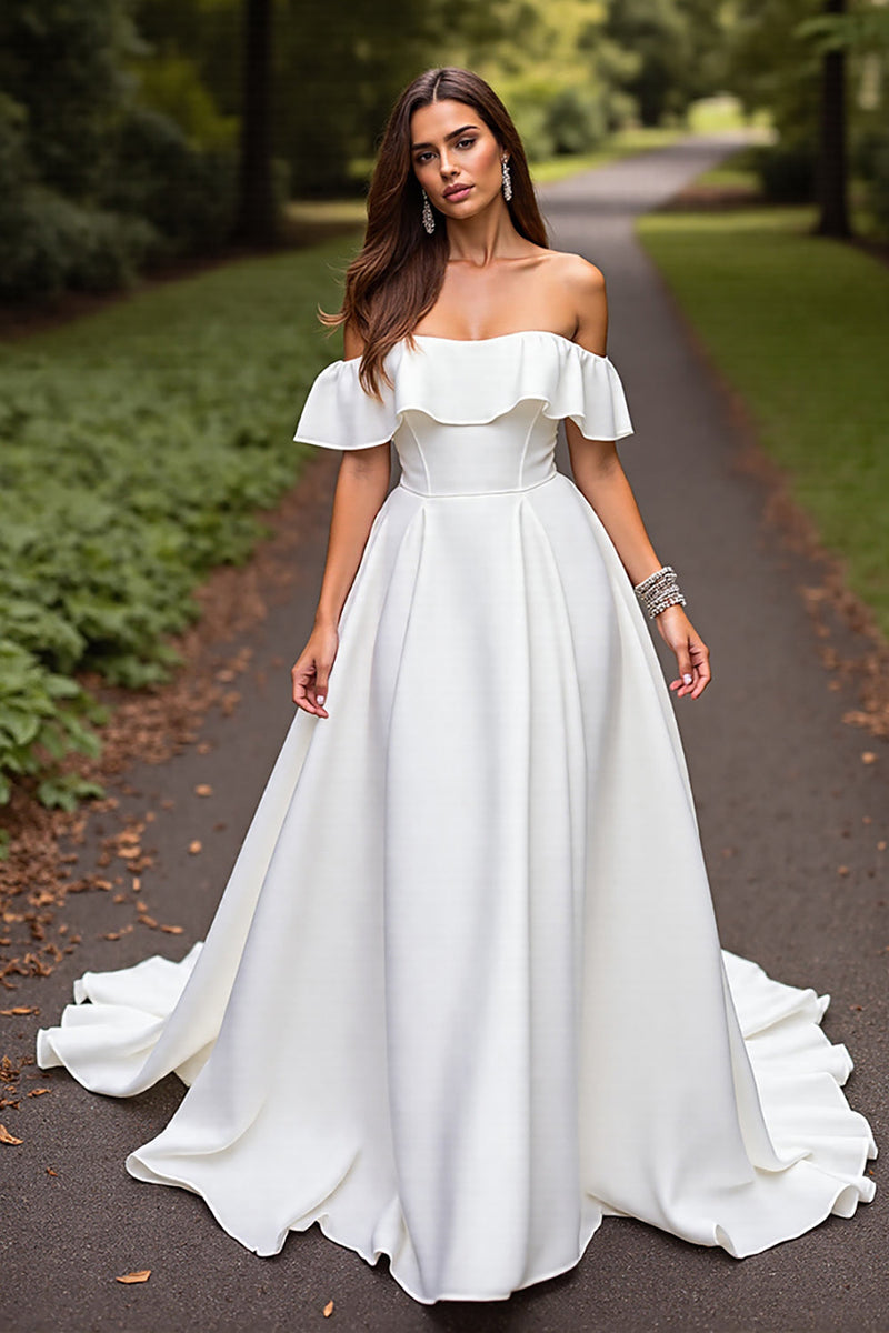 Laden Sie das Bild in den Galerie-Viewer, Weißes Satin A Linie Sweep Schleppe Brautkleid mit Rüschen