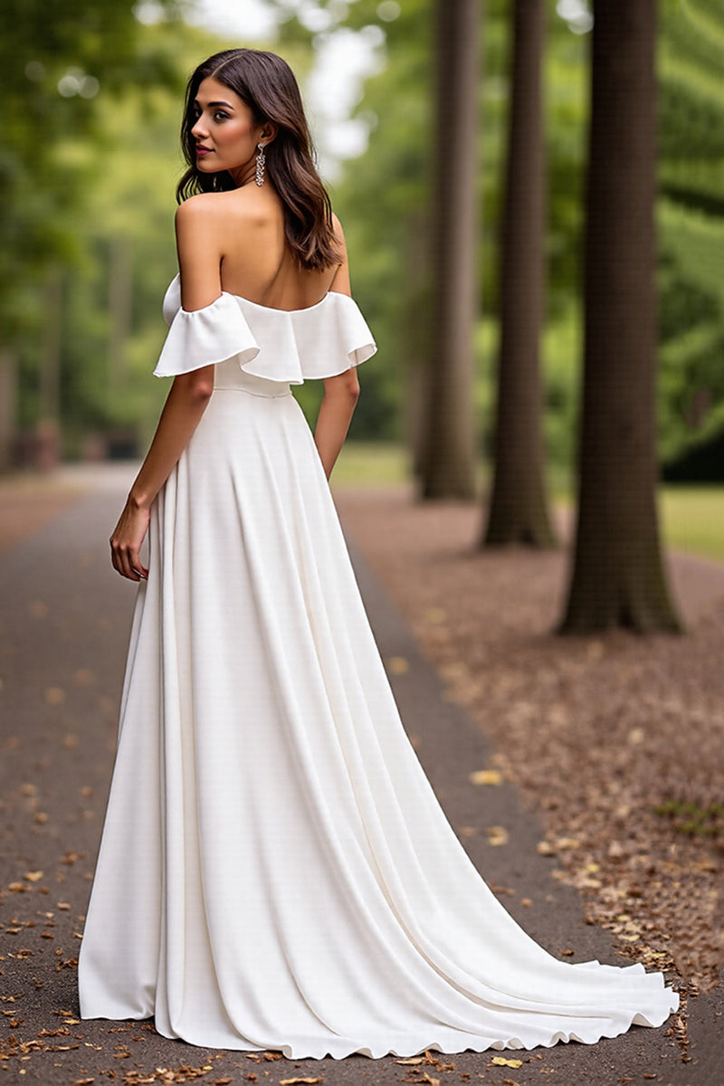 Laden Sie das Bild in den Galerie-Viewer, Weißes Satin A Linie Sweep Schleppe Brautkleid mit Rüschen