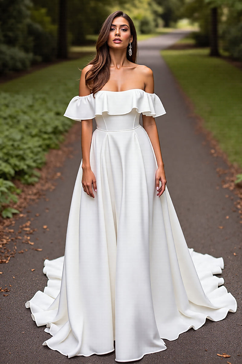 Laden Sie das Bild in den Galerie-Viewer, Weißes Satin A Linie Sweep Schleppe Brautkleid mit Rüschen