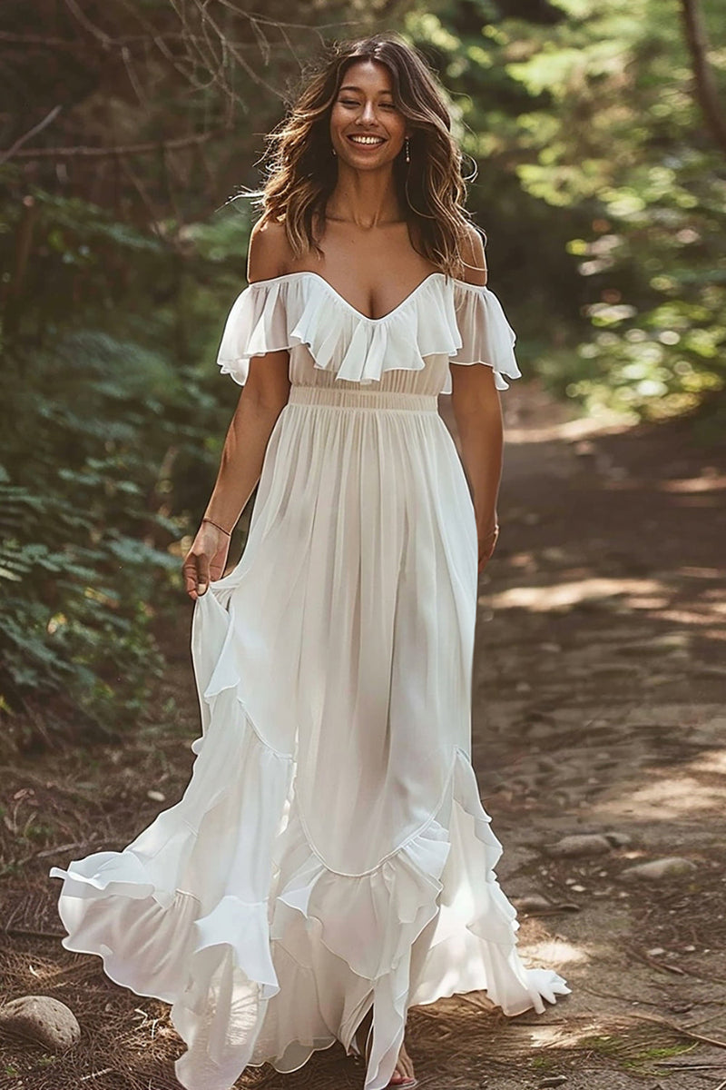 Laden Sie das Bild in den Galerie-Viewer, Weißes Schulterfreies Brautkleid mit Rüschen