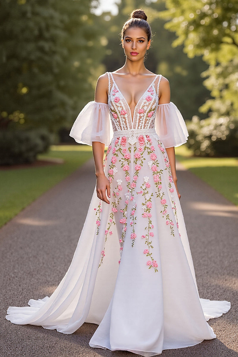 Laden Sie das Bild in den Galerie-Viewer, Weißes Blumen A-Linie Brautkleid mit V-Ausschnitt und abnehmbaren Ärmeln