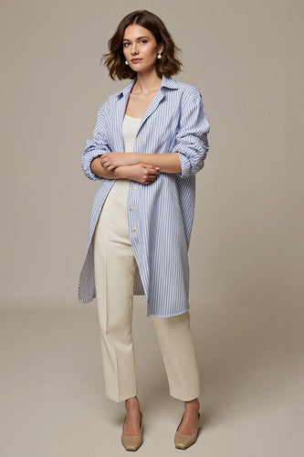 Blaues Gestreiftes Damenhemd mit langen Ärmeln und Kragenausschnitt