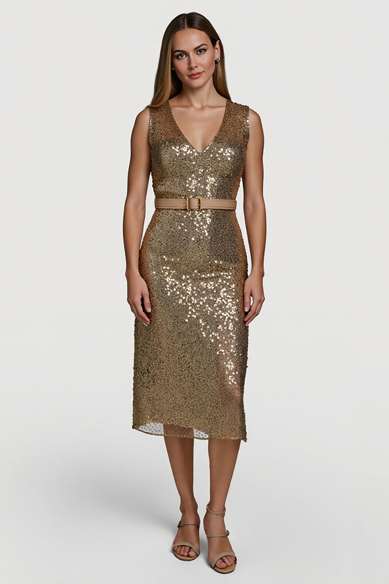 Laden Sie das Bild in den Galerie-Viewer, Glitzerndes Goldenes Bodycon Pailletten Festtagskleid mit Gürtel