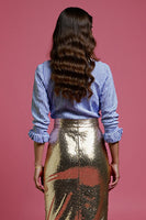 Laden Sie das Bild in den Galerie-Viewer, Blaues und Goldenes Bodycon 2-teiliges Pailletten Urlaubskleid mit Schlitz