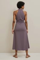 Laden Sie das Bild in den Galerie-Viewer, Lila Bodycon Satin Neckholder Midi Semi Formal Kleid
