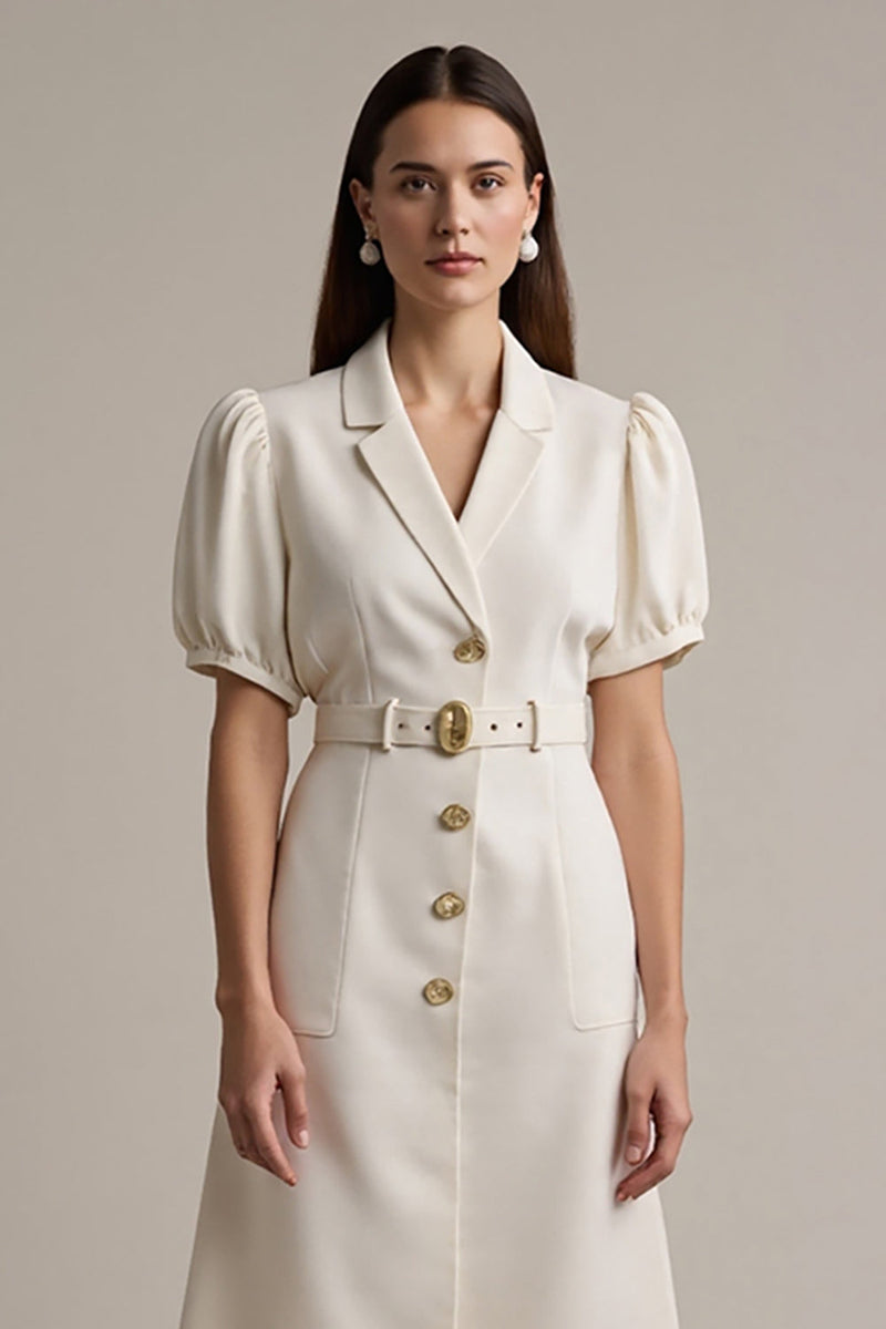 Laden Sie das Bild in den Galerie-Viewer, Elfenbein Midikleid aus Satin mit gekerbtem Revers und Gürtel