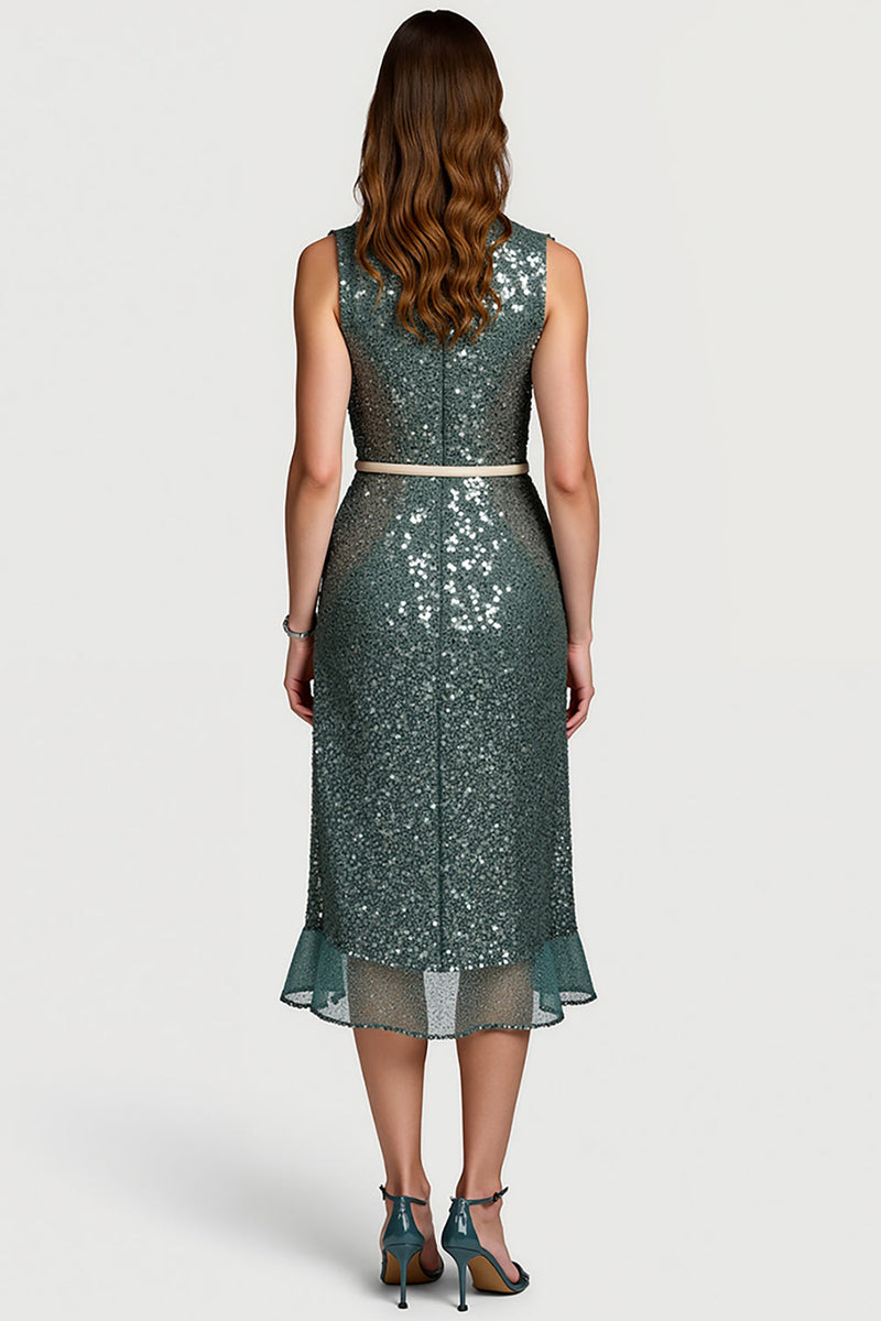 Laden Sie das Bild in den Galerie-Viewer, Glitzerndes Grau-grünes Pailletten Bodycon Midi Semi Formal Kleid mit Rüschen