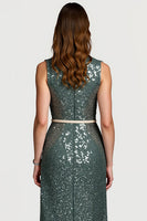 Laden Sie das Bild in den Galerie-Viewer, Glitzerndes Grau-grünes Pailletten Bodycon Midi Semi Formal Kleid mit Rüschen