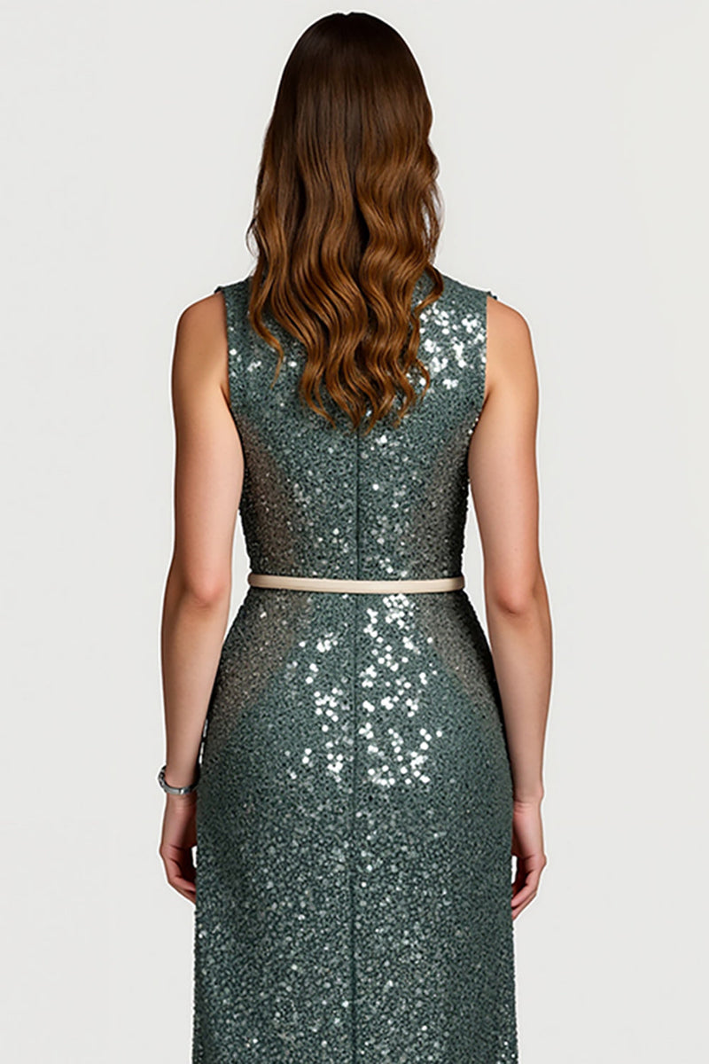 Laden Sie das Bild in den Galerie-Viewer, Glitzerndes Grau-grünes Pailletten Bodycon Midi Semi Formal Kleid mit Rüschen