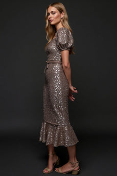 Glitzerndes Dunkelgraues Pailletten Bodycon Festtagskleid mit Rüschen