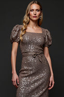 Laden Sie das Bild in den Galerie-Viewer, Glitzerndes Dunkelgraues Pailletten Bodycon Festtagskleid mit Rüschen