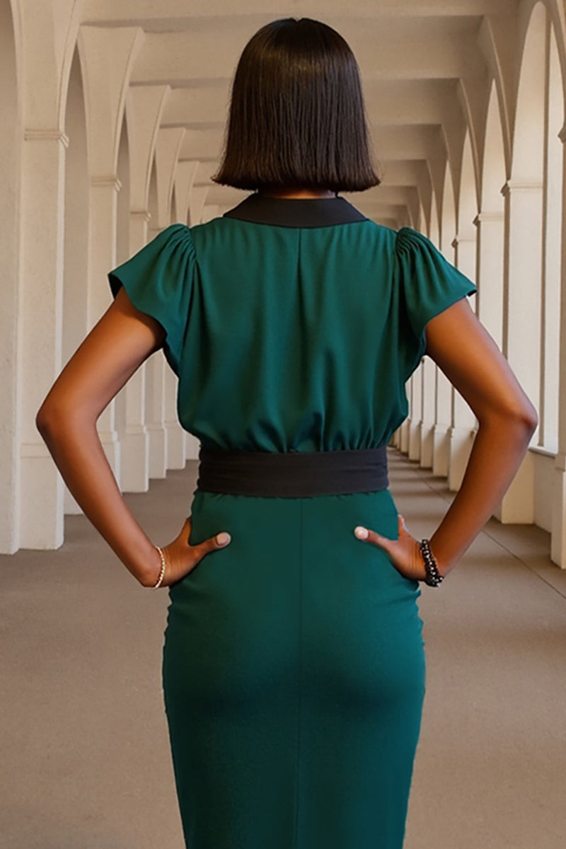 Laden Sie das Bild in den Galerie-Viewer, Dunkelgrünes Arbeitskleid mit Flügelärmeln und V-Ausschnitt