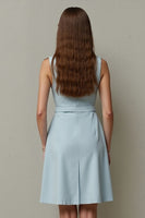 Laden Sie das Bild in den Galerie-Viewer, Hellblaues A-Linie Midi Arbeitskleid mit Gürtel