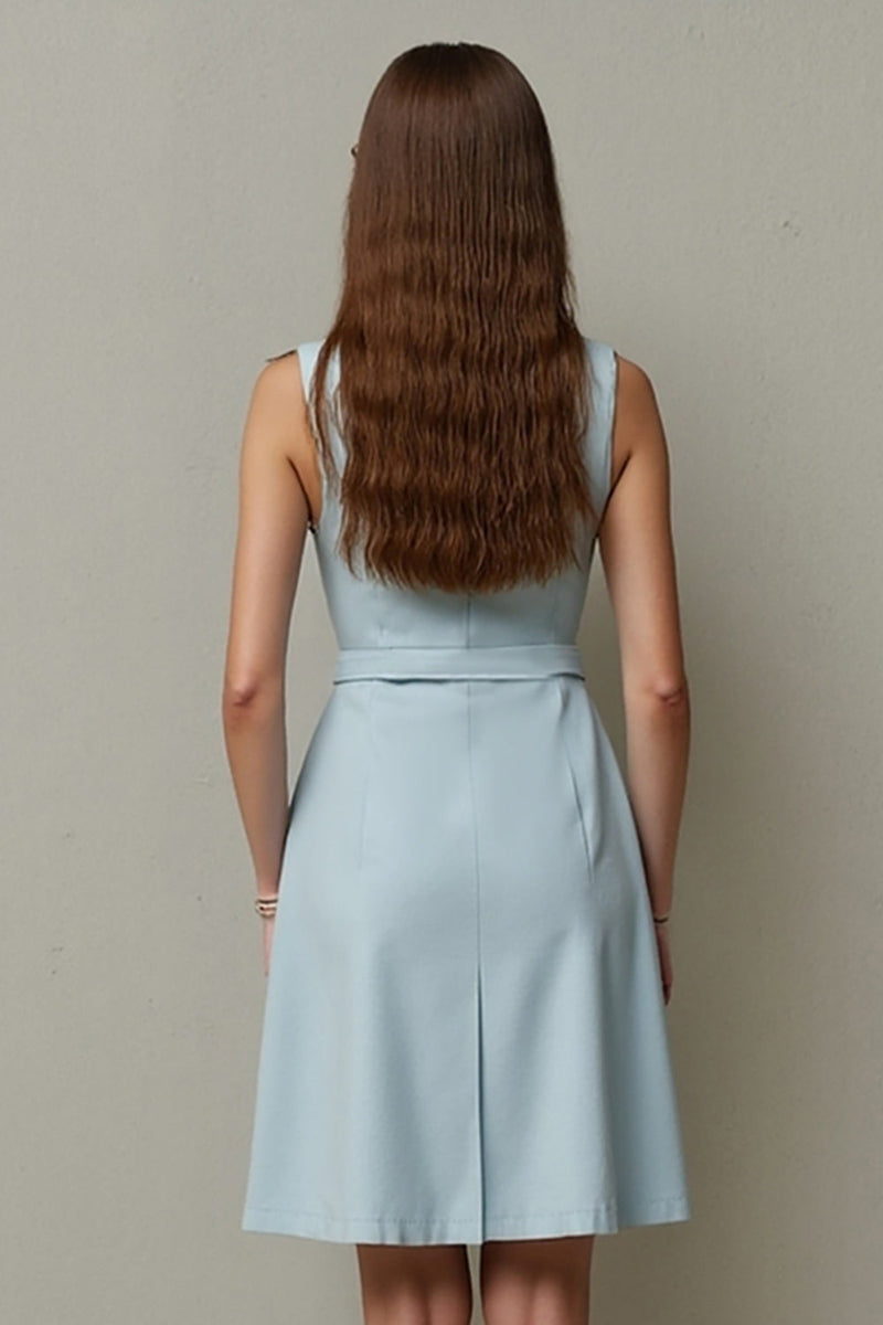 Laden Sie das Bild in den Galerie-Viewer, Hellblaues A-Linie Midi Arbeitskleid mit Gürtel