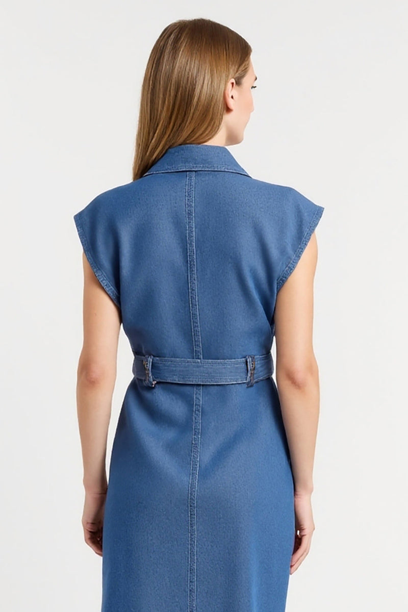 Laden Sie das Bild in den Galerie-Viewer, Grau Blau Etui Maxi Arbeitskleid mit Flügelärmeln und Gürtel