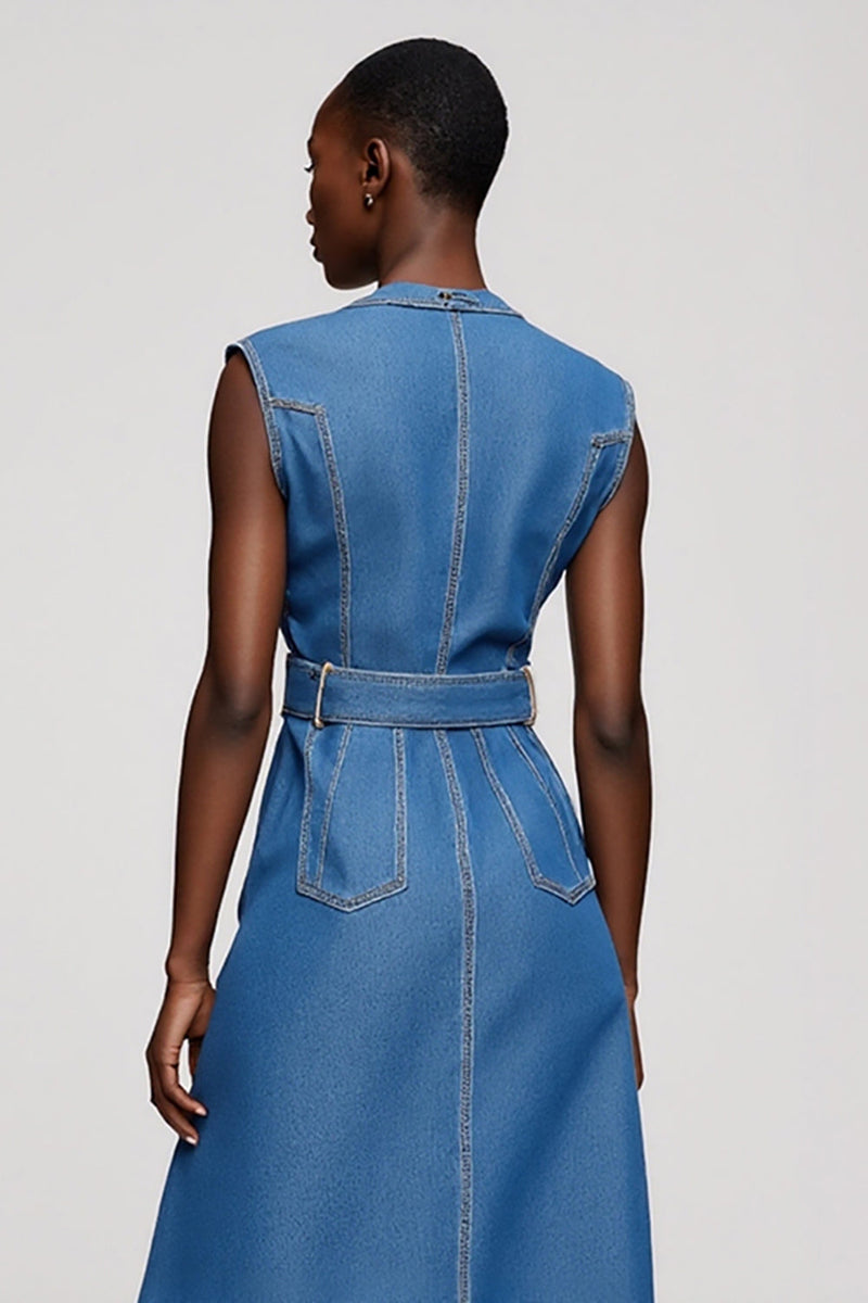 Laden Sie das Bild in den Galerie-Viewer, Grau Blau Midi A Linie Arbeitskleid mit Gürtel