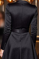 Laden Sie das Bild in den Galerie-Viewer, Schwarzes Bodycon Kurzes Arbeitskleid mit Ärmeln und Peak Revers