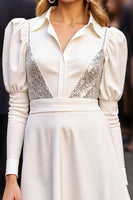 Laden Sie das Bild in den Galerie-Viewer, Glitzerndes Weißes Bodycon Arbeitskleid mit Pailletten und Ärmeln