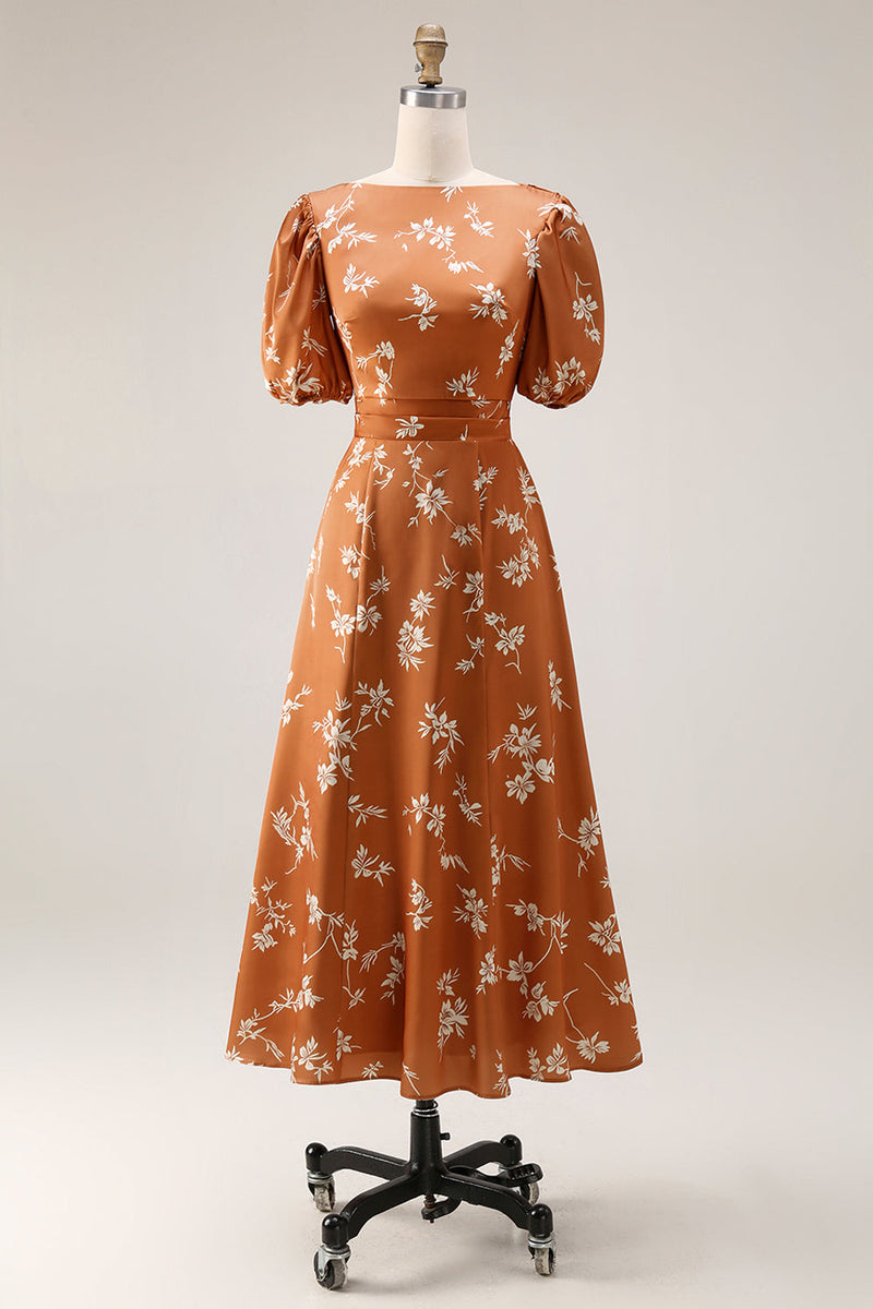 Laden Sie das Bild in den Galerie-Viewer, Orange Blumenmuster A-Linie Midi Hochzeitsgastkleid mit Ärmeln