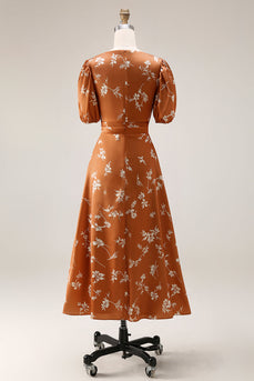 Orange Blumenmuster A-Linie Midi Hochzeitsgastkleid mit Ärmeln