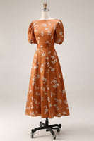 Laden Sie das Bild in den Galerie-Viewer, Orange Blumenmuster A-Linie Midi Hochzeitsgastkleid mit Ärmeln
