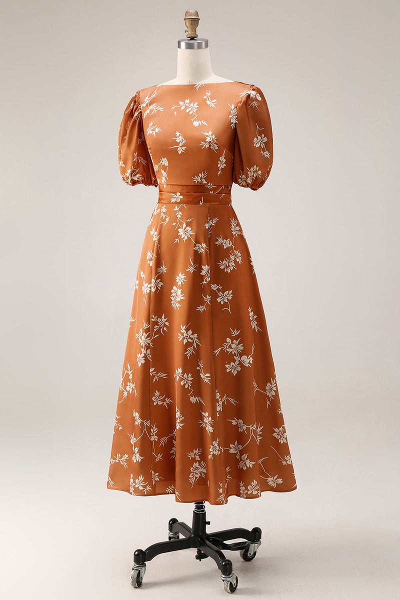 Laden Sie das Bild in den Galerie-Viewer, Orange Blumenmuster A-Linie Midi Hochzeitsgastkleid mit Ärmeln