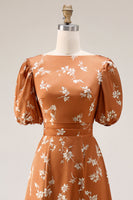 Laden Sie das Bild in den Galerie-Viewer, Orange Blumenmuster A-Linie Midi Hochzeitsgastkleid mit Ärmeln