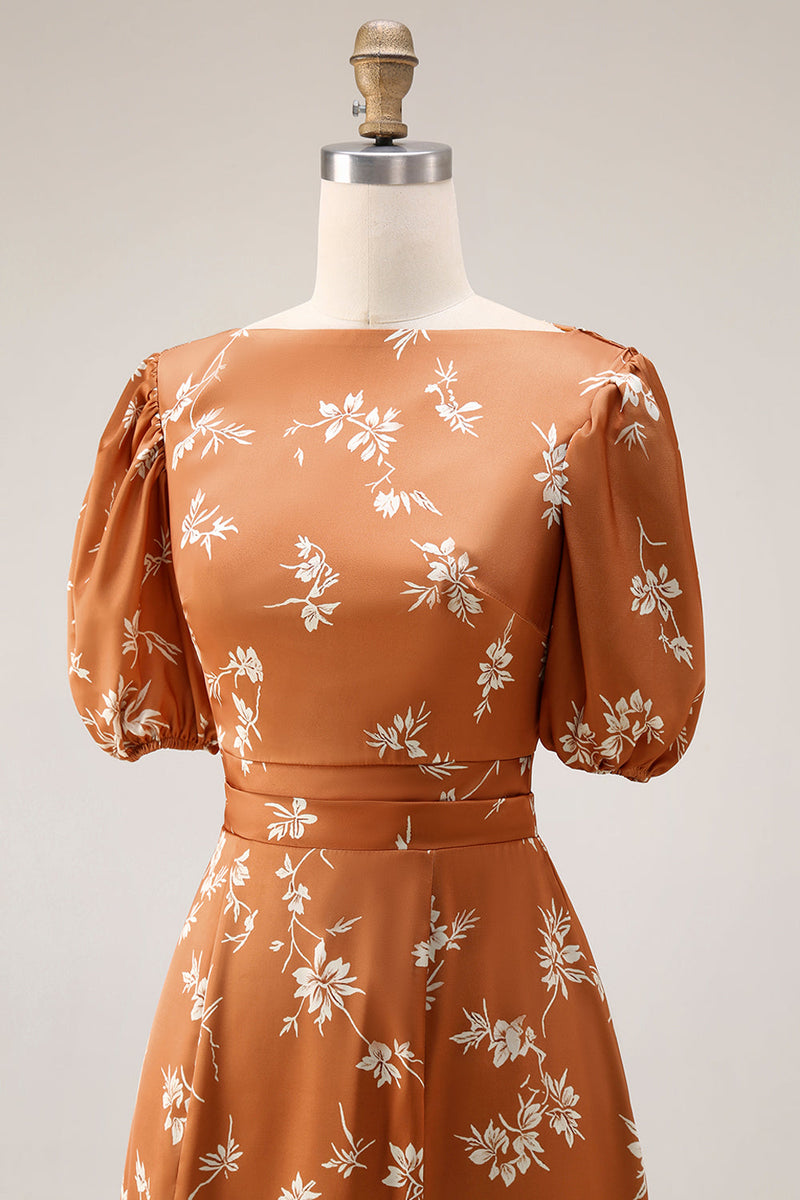 Laden Sie das Bild in den Galerie-Viewer, Orange Blumenmuster A-Linie Midi Hochzeitsgastkleid mit Ärmeln