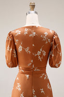 Laden Sie das Bild in den Galerie-Viewer, Orange Blumenmuster A-Linie Midi Hochzeitsgastkleid mit Ärmeln