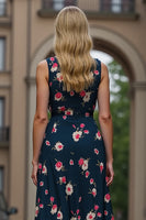 Laden Sie das Bild in den Galerie-Viewer, Dunkelblaues Midi Arbeitskleid mit Blumendruck in A-Linie