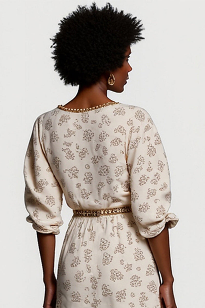 Laden Sie das Bild in den Galerie-Viewer, Aprikose Halbarm V-Ausschnitt Bedrucktes Arbeitskleid mit Gürtel