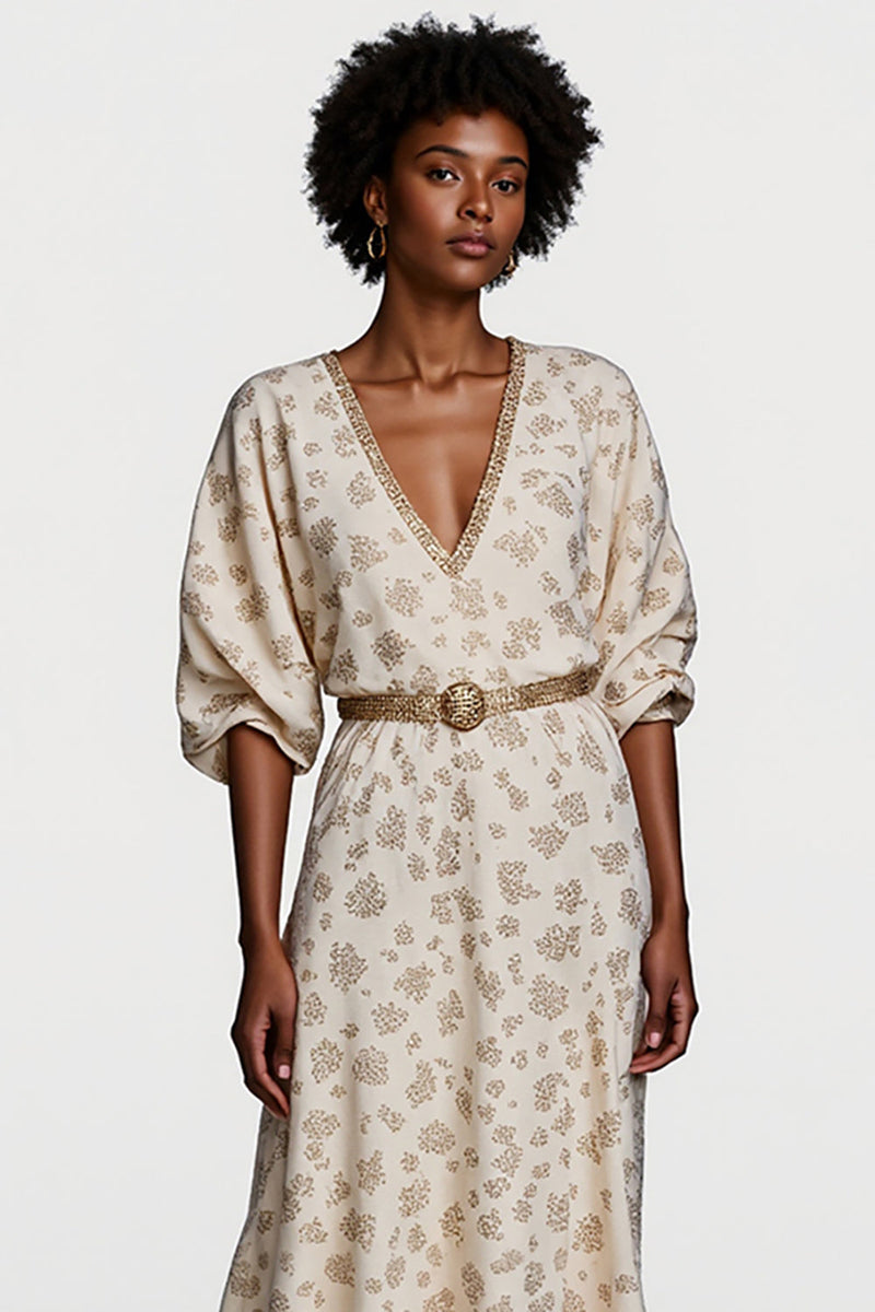 Laden Sie das Bild in den Galerie-Viewer, Aprikose Halbarm V-Ausschnitt Bedrucktes Arbeitskleid mit Gürtel