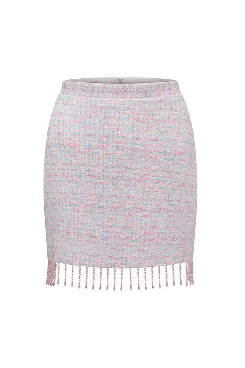 Laden Sie das Bild in den Galerie-Viewer, Hellrosa 2-teilige Party Outfits aus Tweed mit Fransen