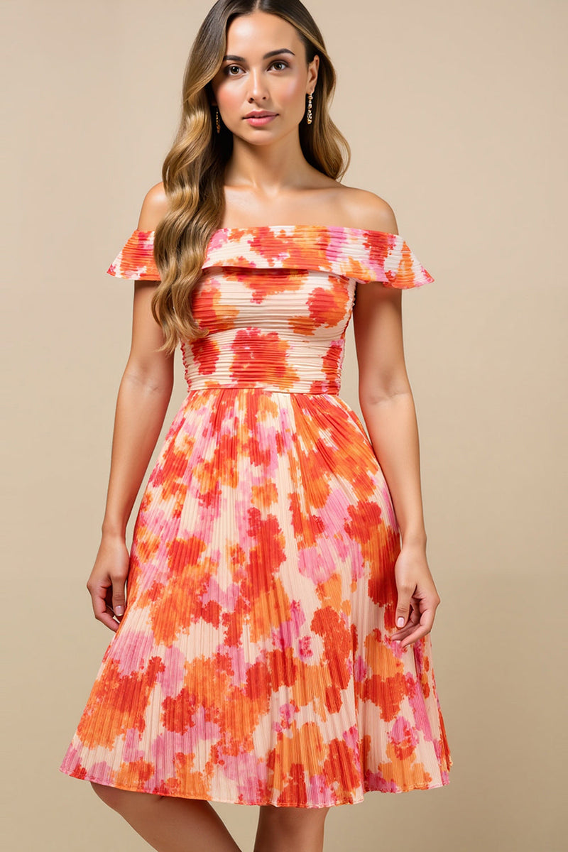 Laden Sie das Bild in den Galerie-Viewer, Orange Blume A-Linie Gerafftes Schulterfreies Hochzeitsgastkleid