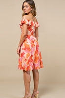 Laden Sie das Bild in den Galerie-Viewer, Orange Blume A-Linie Gerafftes Schulterfreies Hochzeitsgastkleid