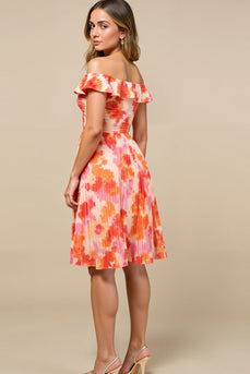 Orange Blume A-Linie Gerafftes Schulterfreies Hochzeitsgastkleid