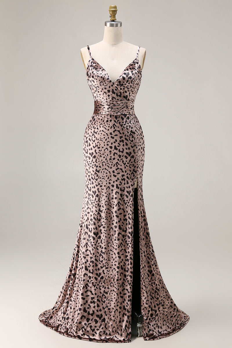 Laden Sie das Bild in den Galerie-Viewer, Meerjungfrauen Goldenes Leopard Spaghettiträger Langes Abschlussballkleid mit Schlitz