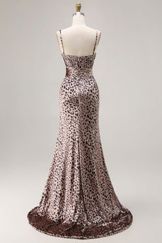 Meerjungfrauen Goldenes Leopard Spaghettiträger Langes Abschlussballkleid mit Schlitz