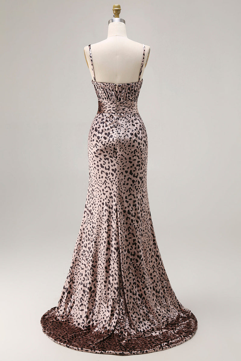 Laden Sie das Bild in den Galerie-Viewer, Meerjungfrauen Goldenes Leopard Spaghettiträger Langes Abschlussballkleid mit Schlitz