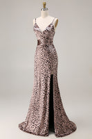 Laden Sie das Bild in den Galerie-Viewer, Meerjungfrauen Goldenes Leopard Spaghettiträger Langes Abschlussballkleid mit Schlitz