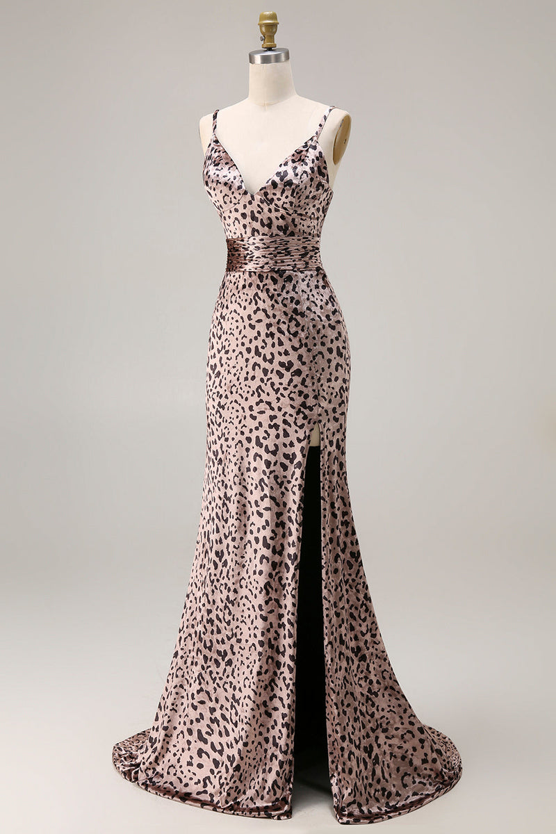 Laden Sie das Bild in den Galerie-Viewer, Meerjungfrauen Goldenes Leopard Spaghettiträger Langes Abschlussballkleid mit Schlitz