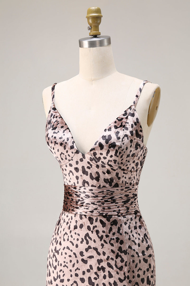 Laden Sie das Bild in den Galerie-Viewer, Meerjungfrauen Goldenes Leopard Spaghettiträger Langes Abschlussballkleid mit Schlitz