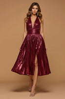 Laden Sie das Bild in den Galerie-Viewer, Glitzerndes Burgunderrotes Metallic Neckholder A-Linie Festtags-Partykleid mit Schlitz