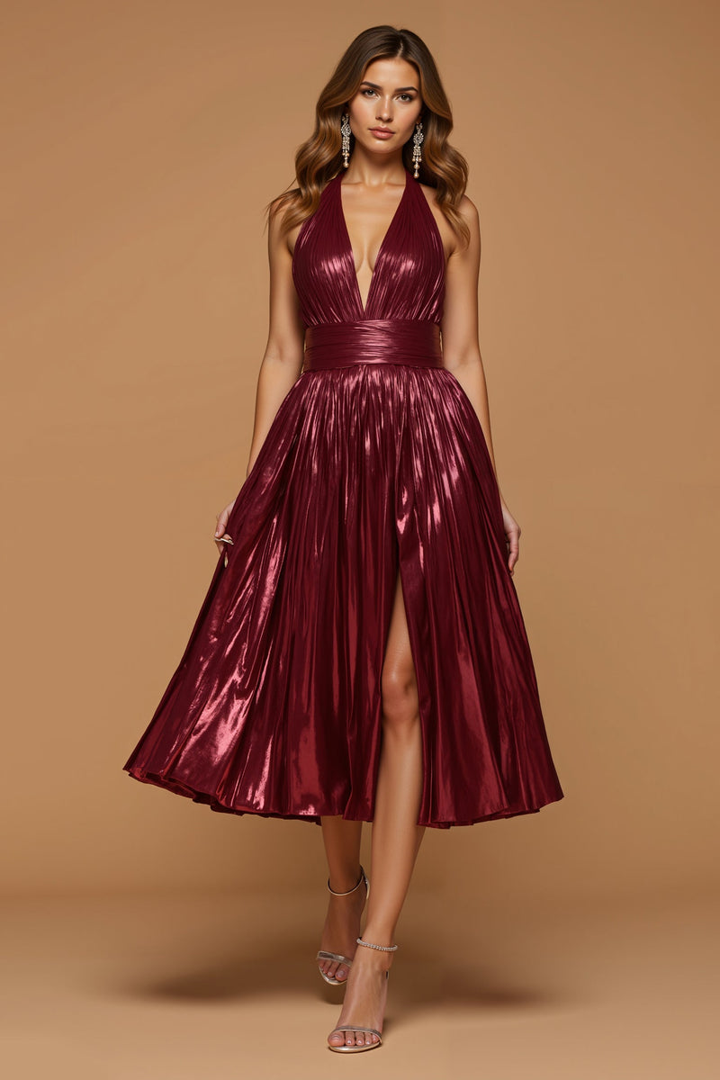 Laden Sie das Bild in den Galerie-Viewer, Glitzerndes Burgunderrotes Metallic Neckholder A-Linie Festtags-Partykleid mit Schlitz