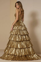 Laden Sie das Bild in den Galerie-Viewer, Glitzerndes Goldenes Metallic Gestuftes Langes Festtags-Partykleid mit Rüschen