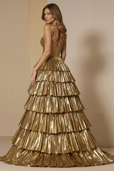 Glitzerndes Goldenes Metallic Gestuftes Langes Festtags-Partykleid mit Rüschen