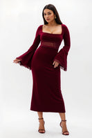 Laden Sie das Bild in den Galerie-Viewer, Burgunderrotes Etui Samt mit quadratischem Ausschnitt Langes Festtags-Partykleid mit Applikationen