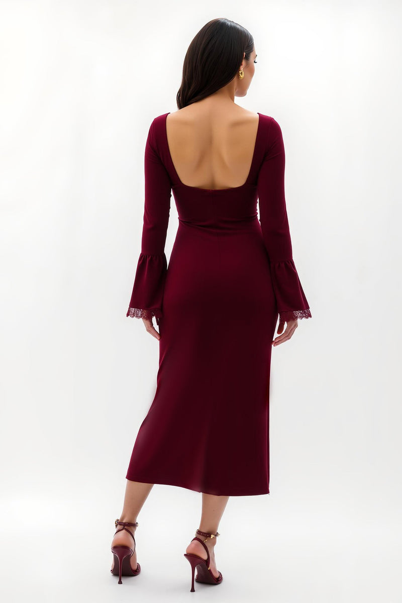 Laden Sie das Bild in den Galerie-Viewer, Burgunderrotes Etui Samt mit quadratischem Ausschnitt Langes Festtags-Partykleid mit Applikationen