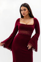 Laden Sie das Bild in den Galerie-Viewer, Burgunderrotes Etui Samt mit quadratischem Ausschnitt Langes Festtags-Partykleid mit Applikationen
