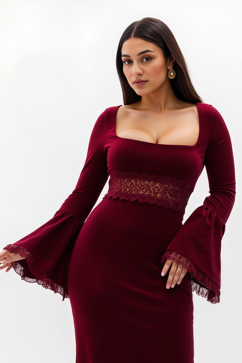 Laden Sie das Bild in den Galerie-Viewer, Burgunderrotes Etui Samt mit quadratischem Ausschnitt Langes Festtags-Partykleid mit Applikationen